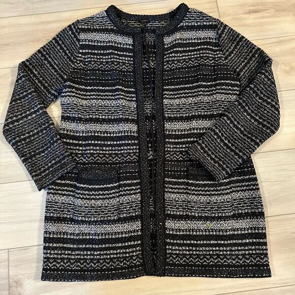 Talbots Sweater Jacket L Black White Textured Zip Front Cotton Blend Pockets - Picture 1 of 4